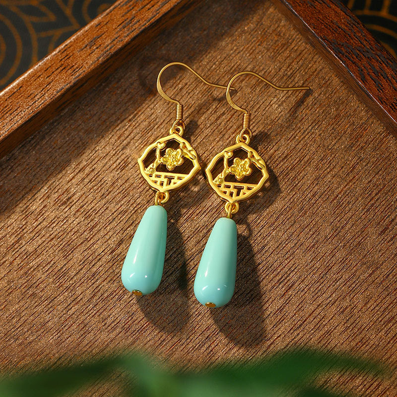 Women's Long Tassel Plum Blossom Imitation Blue Turquoise Earrings, All-Match