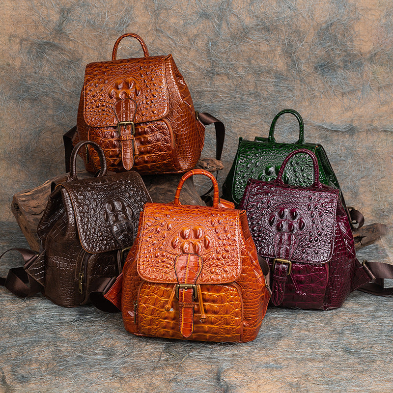 Top Layer Cowhide Crocodile Pattern Embossed Leather Backpack