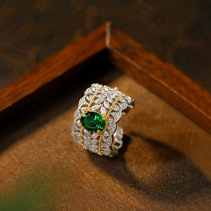 Italian Palace Hollow Pattern Double Color Gold Imitation Emerald Pigeon Egg Retro Ring