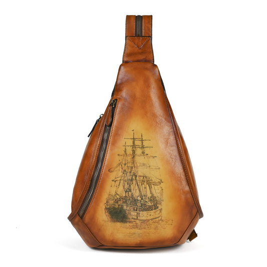 Retro Hand-polished Leather Chest Bag, Shoulder Bag, Three-use Cowhide, Embossed Design