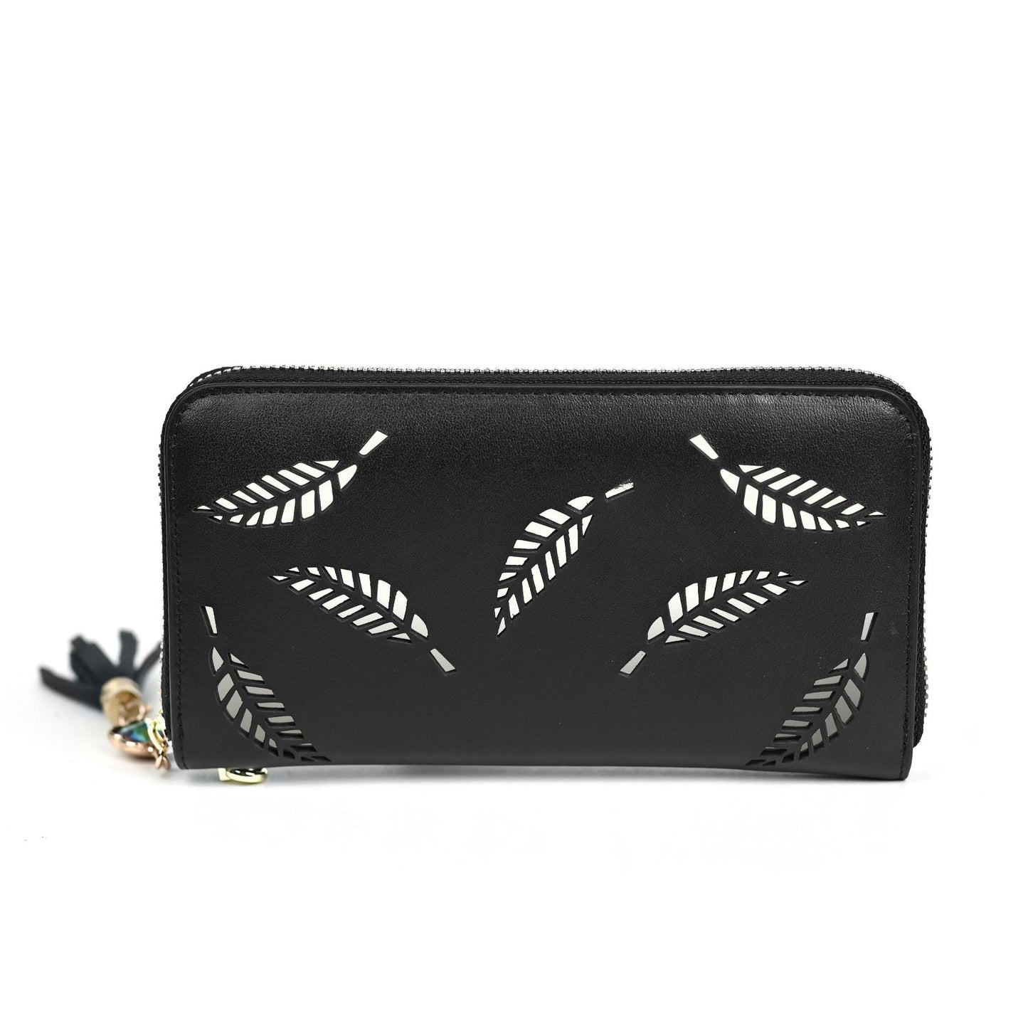 Leather Wallet with Laser Hollow Leaf Metal Design, Handmade