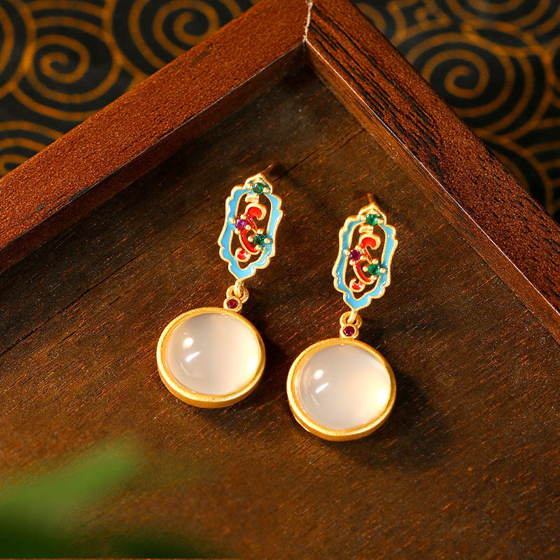 Enamel Glaze Inlaid Natural Chalcedony Round 925 Silver Needle Earrings