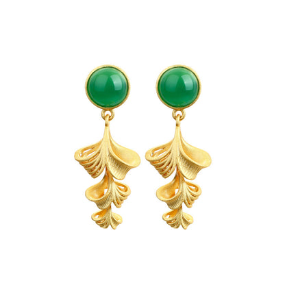 925 Gold Plated Hollow Ginkgo Leaf Round Imitation Jade Earrings