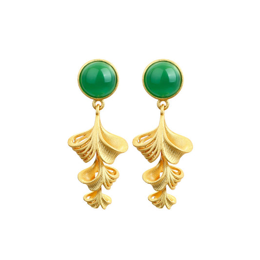 925 Gold Plated Hollow Ginkgo Leaf Round Imitation Jade Earrings