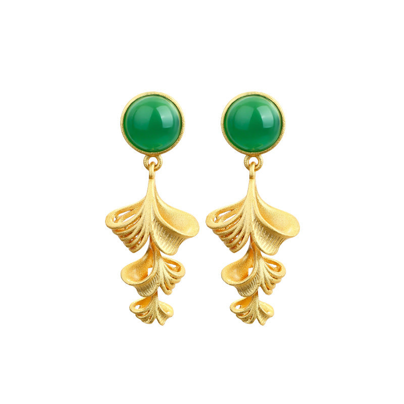 925 Gold Plated Hollow Ginkgo Leaf Round Imitation Jade Earrings