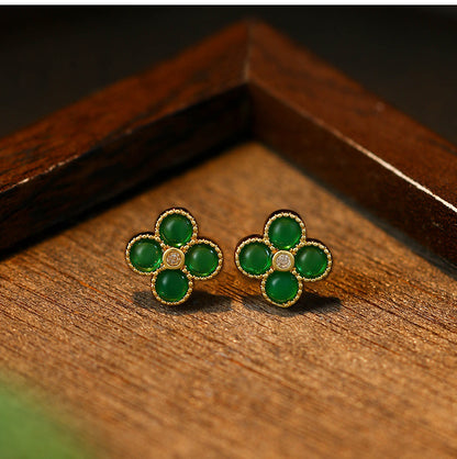 925 Silver Needle Plated Imitation Gold Emerald Four-leaf Clover Round Bead Earrings for Women