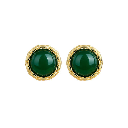 Vintage Emerald 925 Silver Button Pin Earrings with Diamond Style