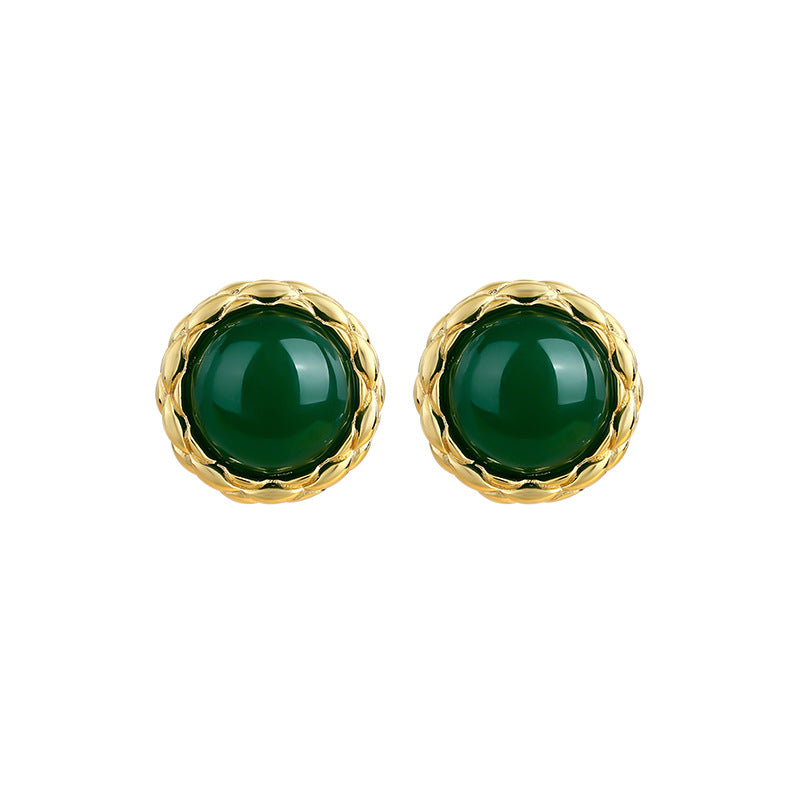 Vintage Emerald 925 Silver Button Pin Earrings with Diamond Style
