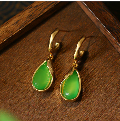 925 Silver Needle Earrings Inlaid with Imitation Jade, Simple Water Drop Design for Women