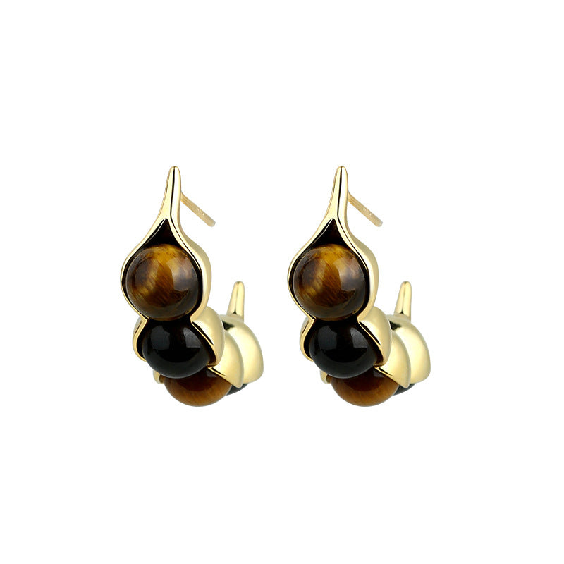 925 Silver Needle Natural Tiger's Eye Vintage Pea Earrings for Women