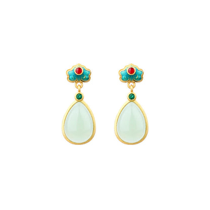 Gold-plated Imitation Hetian Jade Drop Earrings, Ethnic Retro Burned Blue Style