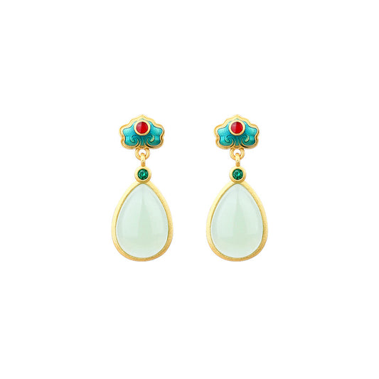 Gold-plated Imitation Hetian Jade Drop Earrings, Ethnic Retro Burned Blue Style