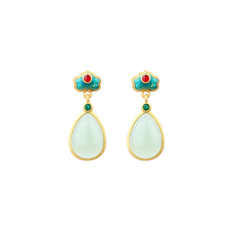 Gold-plated Imitation Hetian Jade Drop Earrings, Ethnic Retro Burned Blue Style