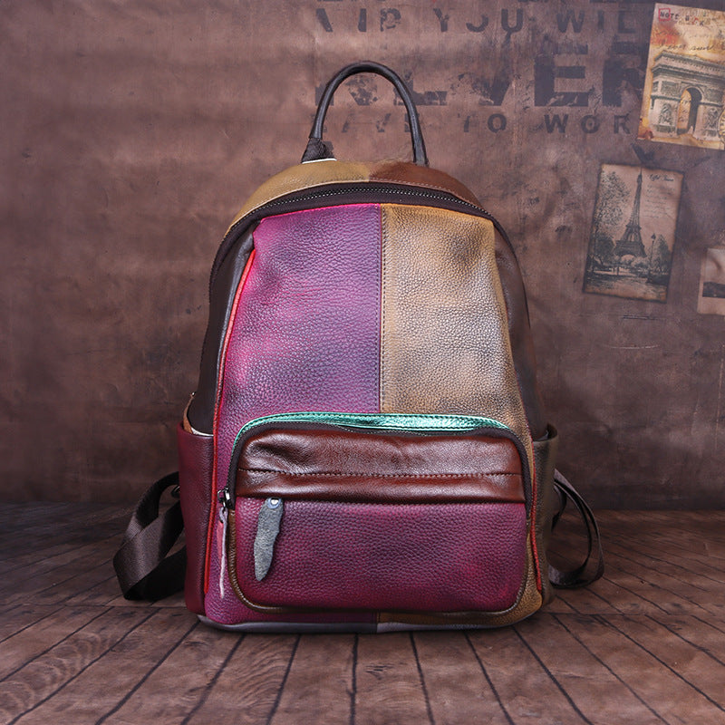 Vintage Style Handmade Color Blocking Cowhide Shoulder Bag, Retro Crossbody Double Strap Ladies Purse
