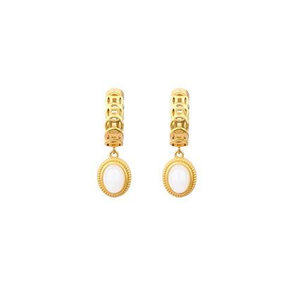 Real Gold Plated with Imitation Jade Egg Face Copper Coin Earrings for Women