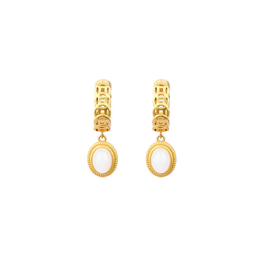 Real Gold Plated with Imitation Jade Egg Face Copper Coin Earrings for Women