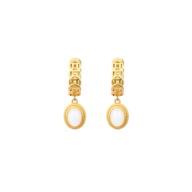 Real Gold Plated with Imitation Jade Egg Face Copper Coin Earrings for Women
