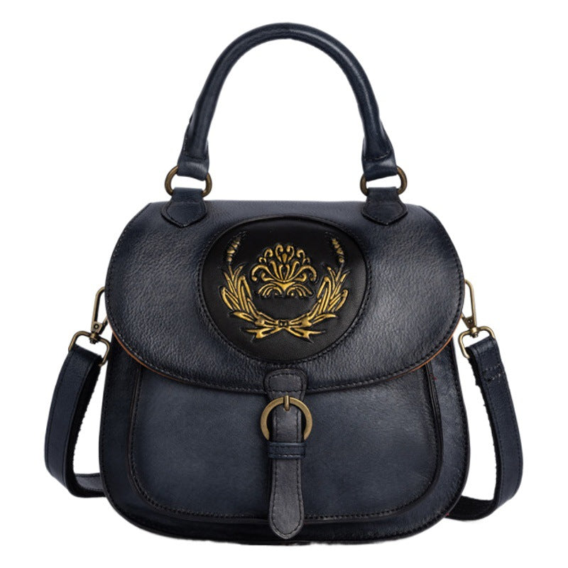 Vintage Cowhide Women's Multi-purpose Vegetable Tanned Leather Hand Backpack with Embossed Design