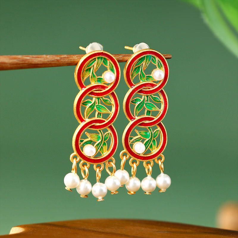 Green Bamboo Design Earrings for Women - Ring-linked Retro Style
