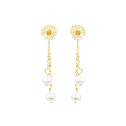 Daisy Pearl Tassel Earrings, European and American Ins Style, Imitation Freshwater Pearl, Antique Design