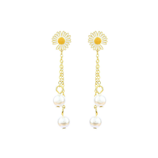 Daisy Pearl Tassel Earrings, European and American Ins Style, Imitation Freshwater Pearl, Antique Design