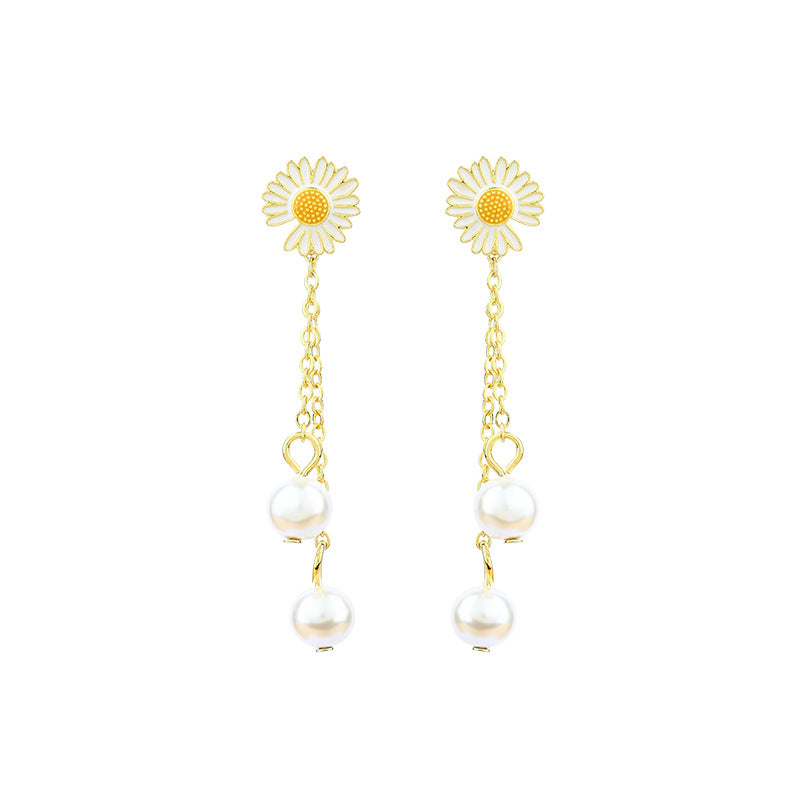 Daisy Pearl Tassel Earrings, European and American Ins Style, Imitation Freshwater Pearl, Antique Design