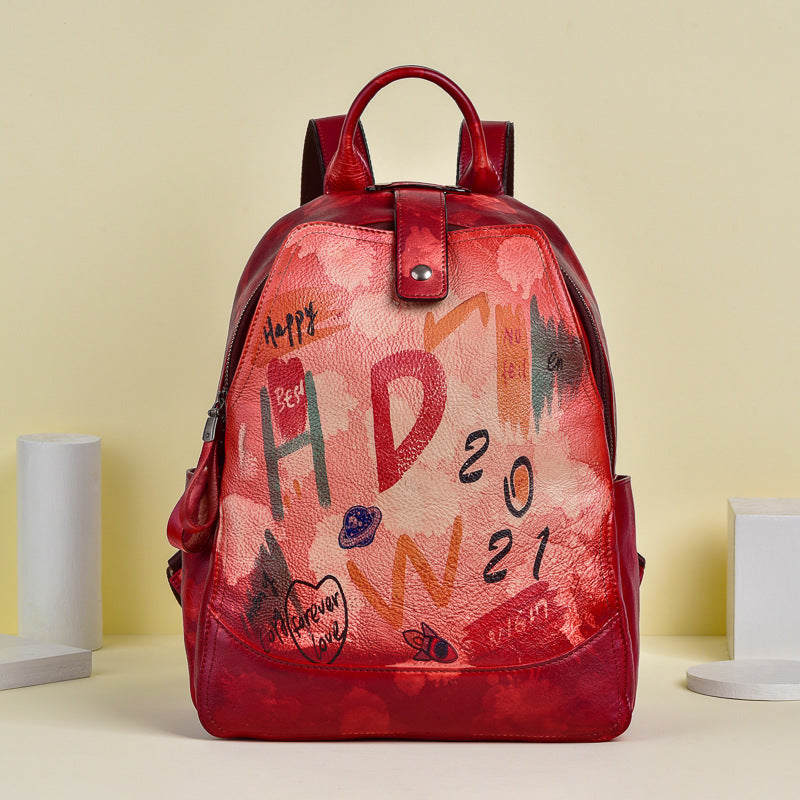 Retro Cowhide Women's Large Capacity Backpack, Graffiti Fashion All-match