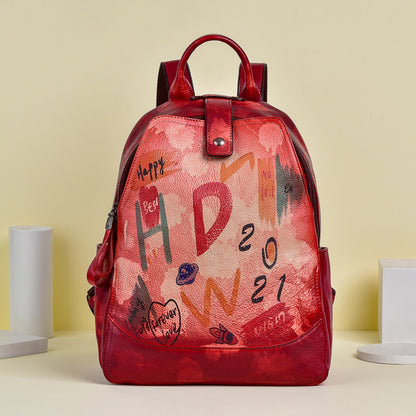 Retro Cowhide Women's Large Capacity Backpack, Graffiti Fashion All-match