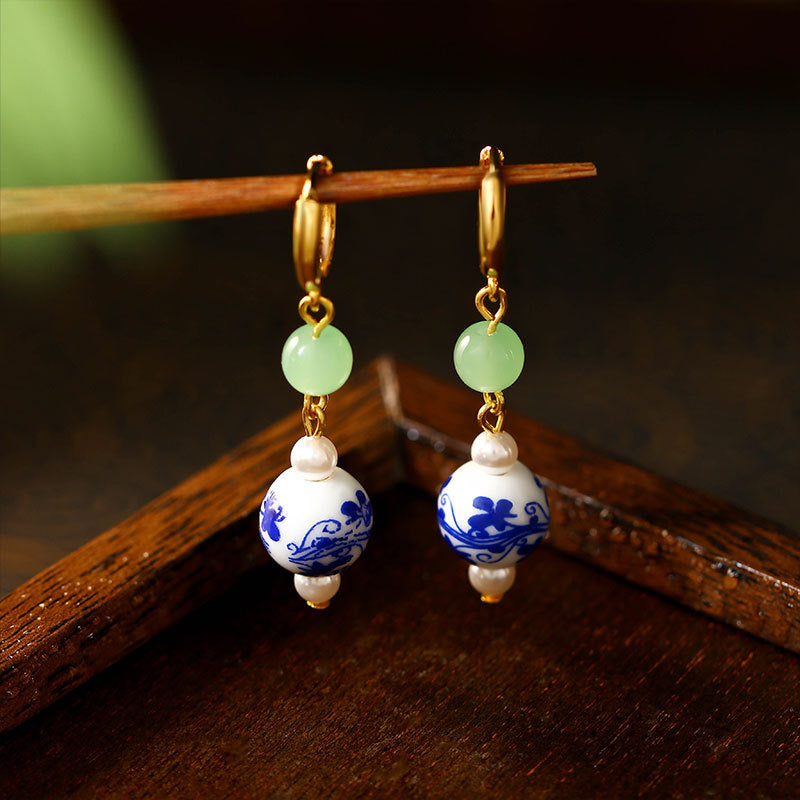 Blue and White Porcelain Earrings, Original Design, Handmade, Beaded