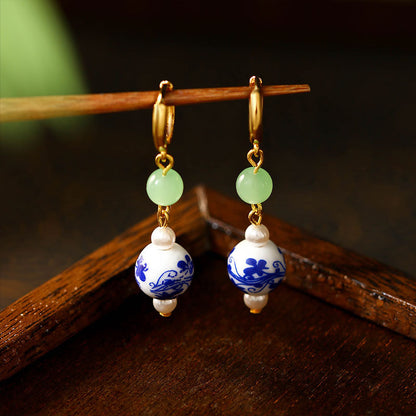 Blue and White Porcelain Earrings, Original Design, Handmade, Beaded