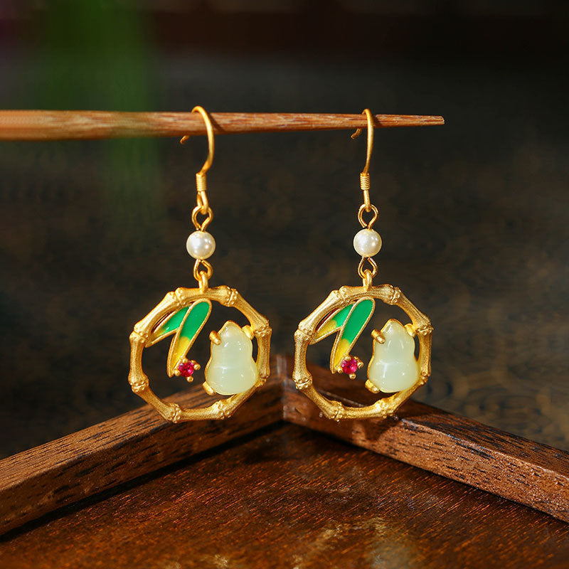 925 Silver Needle Gold Plated Cold Enamel Bamboo & Gourd Ancient Style Earrings