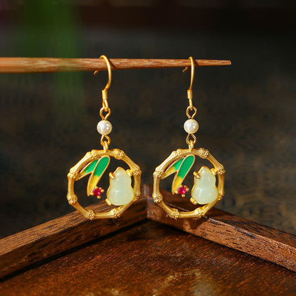 925 Silver Needle Gold Plated Cold Enamel Bamboo & Gourd Ancient Style Earrings
