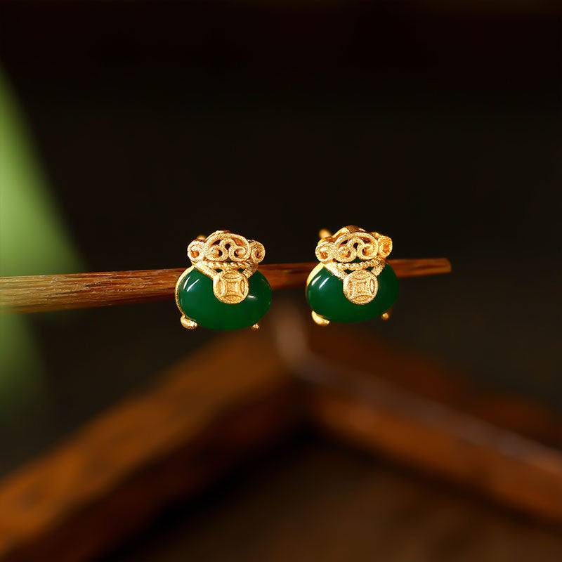 Gold Plated Qian Fu Bag 925 Silver Needle Chalcedony Copper Earrings for Women