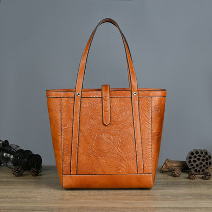 Vintage Cowhide Tote Bag, Large Capacity, Vegetable Tanned Leather, Embossed, Hand-polished
