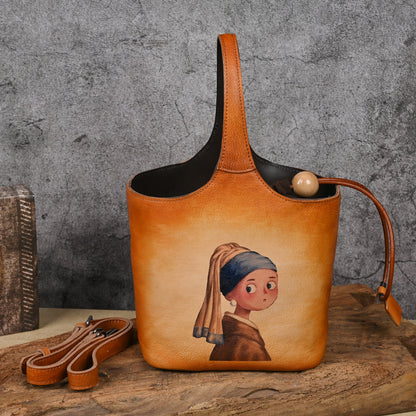 First layer cowhide lazy style printed blue bucket bag