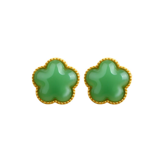 925 Silver Needle Imitation Jade Plum Blossom Earrings