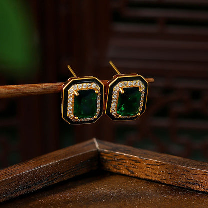 Paraiba Suit Simple Princess Square Green Diamond Light Luxury Black Enamel Earrings for Women