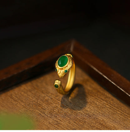Gold-plated Snake Open Ring with Imitation Emerald for Women