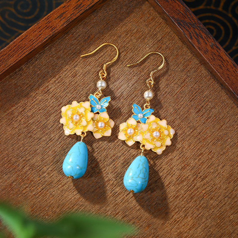 Filigree Burned Blue Butterfly Love Flower Turquoise Earrings, All-match for Hanfu & Cheongsam