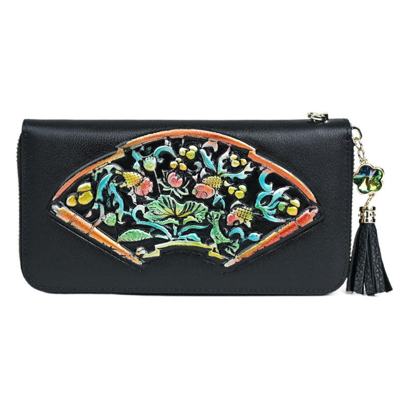 Vintage Cowhide Long Women's Clutch Bag, Multi Card Embossed Leather Zipper Bag