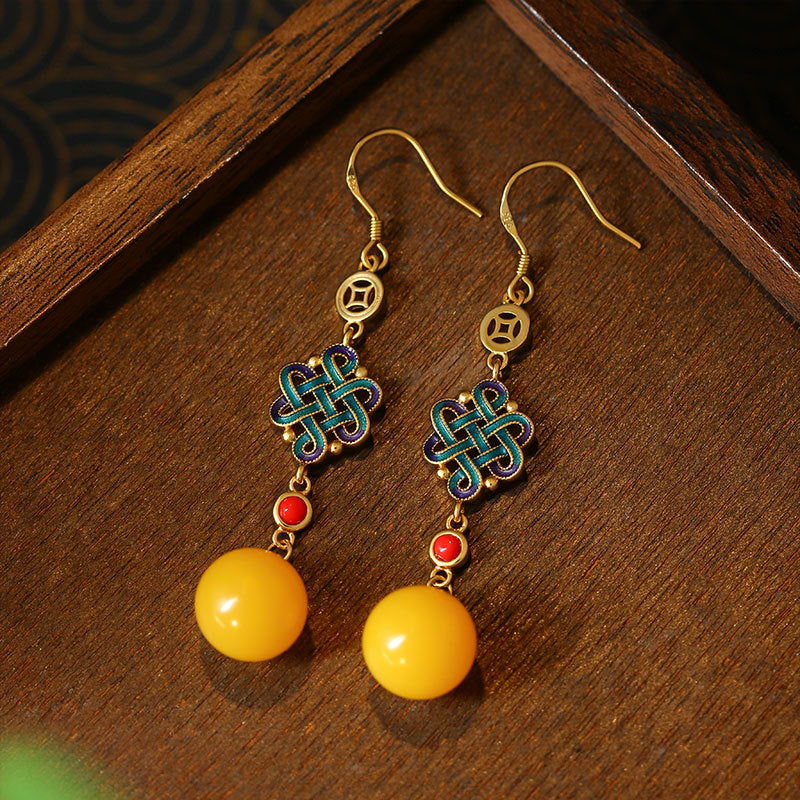 Imitation Beeswax Amber Earrings with Niche Design and Chinese Knot Blessing