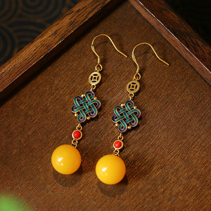 Imitation Beeswax Amber Earrings with Niche Design and Chinese Knot Blessing