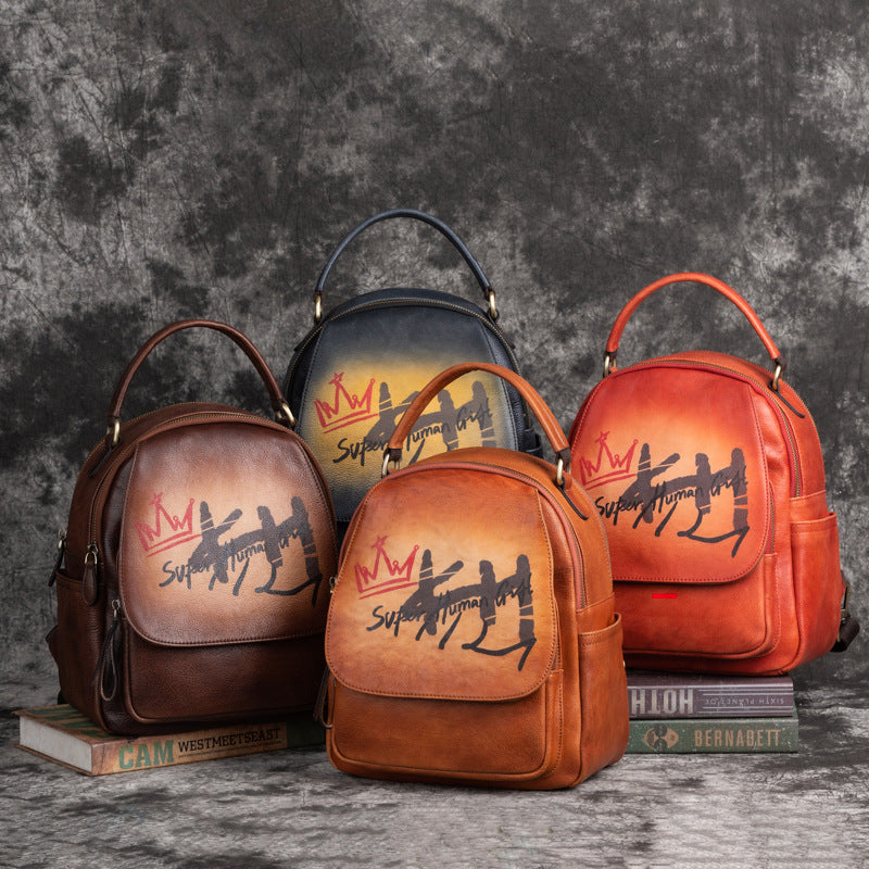 Women's First Layer Cowhide Artistic Retro Brushed Multi-purpose Backpack