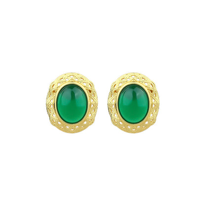 Imitation Hetian Jade 925 Silver Needle Agate Earrings with Hollow Pattern