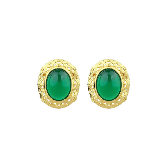 Imitation Hetian Jade 925 Silver Needle Agate Earrings with Hollow Pattern