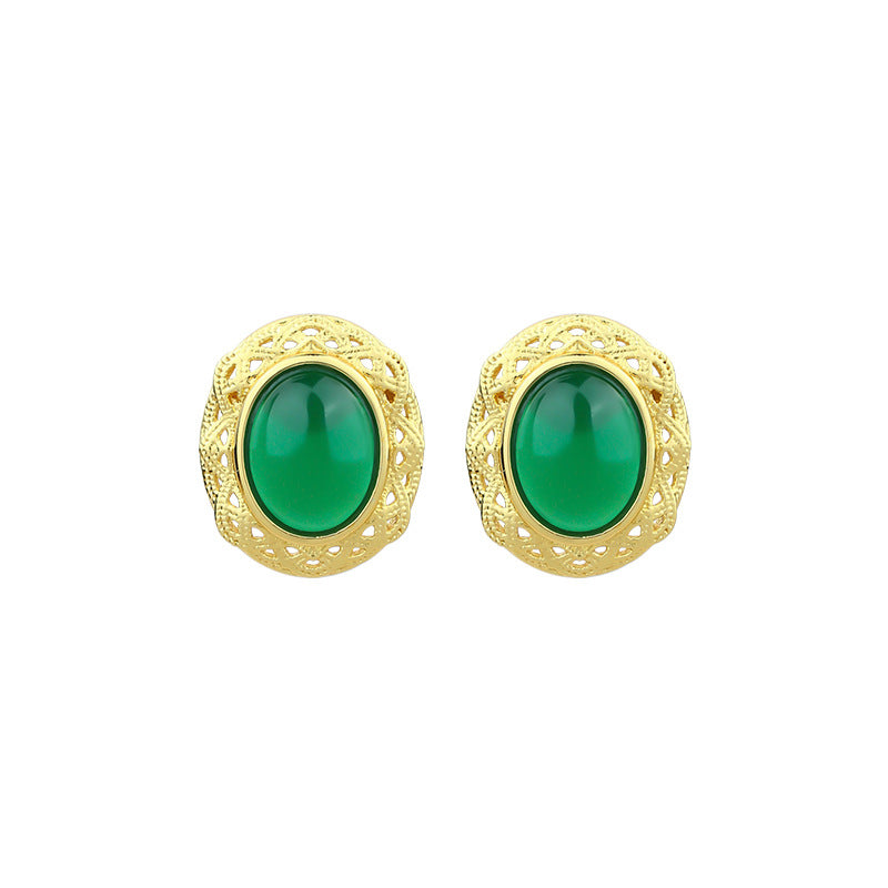 Imitation Hetian Jade 925 Silver Needle Agate Earrings with Hollow Pattern