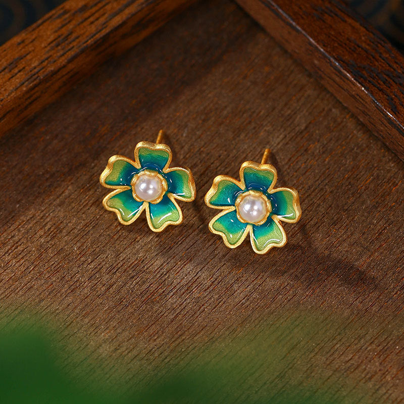 925 Silver Needle Gold Plated Glaze Camellia Pearl Earrings - Niche, High-end & All-match