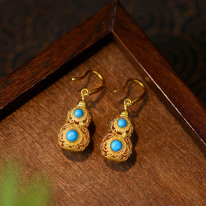 Gold Plated Gourd Fulu Imitation Pine Stone Vintage Earrings