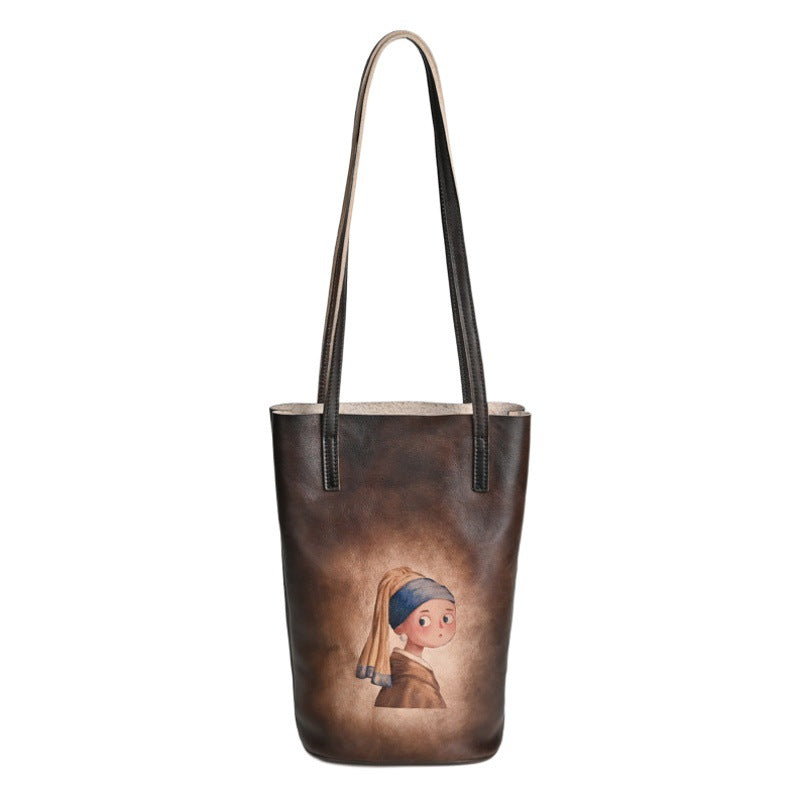 2025 Hand-Polished First Layer Cowhide Shoulder Bucket Bag, Lazy Literary Retro Print