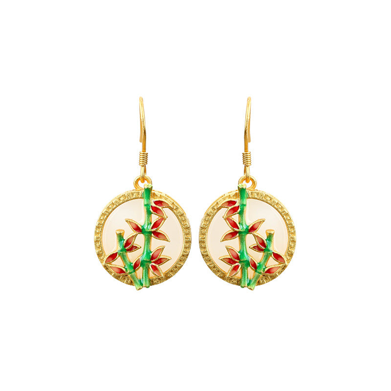 925 Silver Needle Enamel Bamboo Peace Ear Hook Earrings for Women